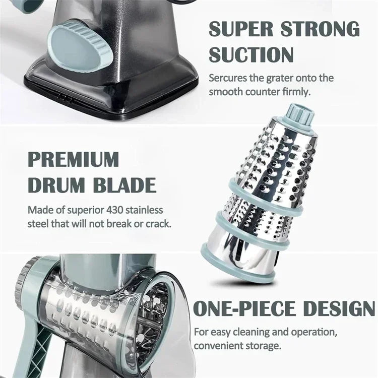 2026 3-in-1 Rotary Cheese Grater Multifunctional Manual Veg Slicer Nut Grinder Kitchen Essential Tool