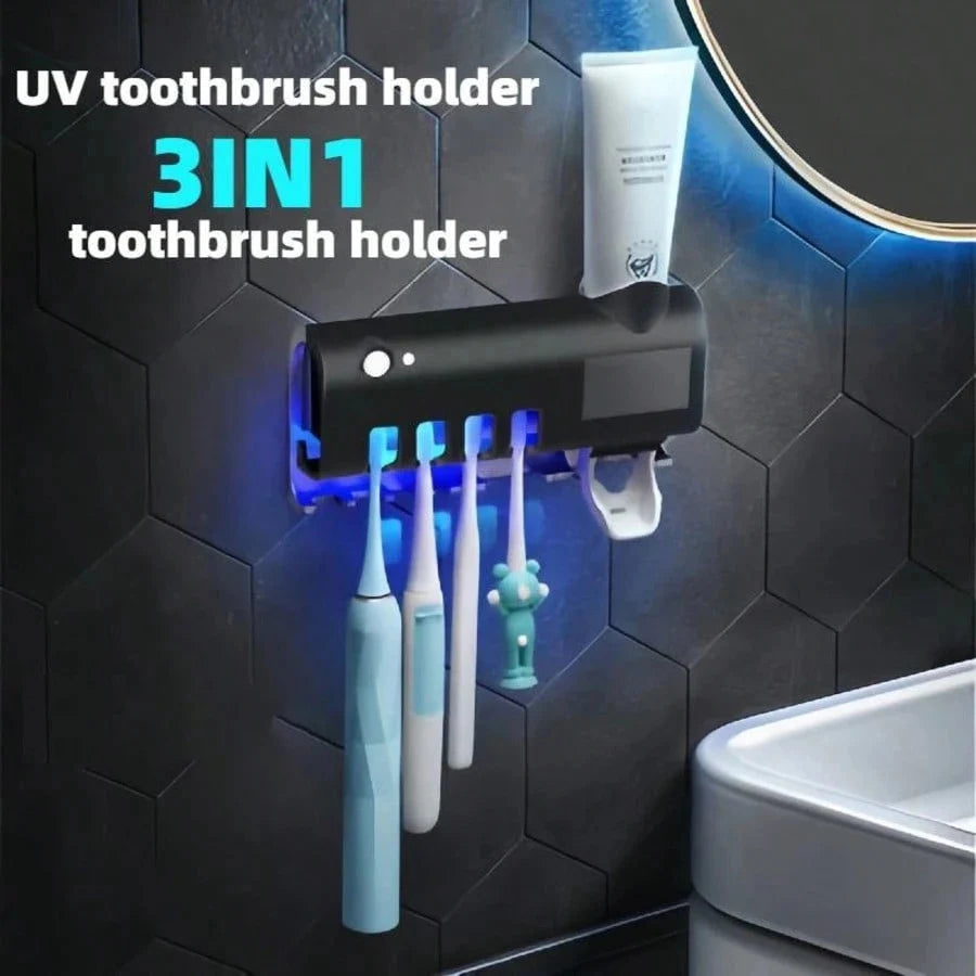 3-in-1 Electric Blue Light Disinfection Toothbrush Holder with Toothpaste Dispenser, Wall-Mounted No-Drill USB Charging