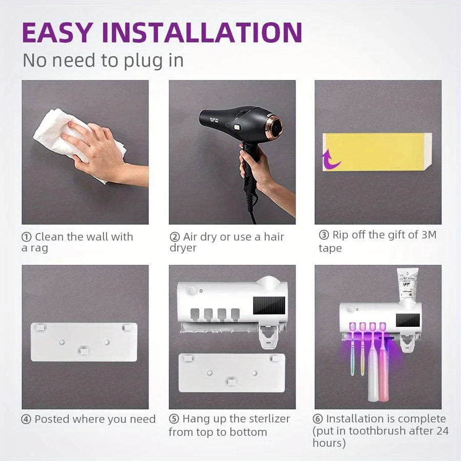 3-in-1 Electric Blue Light Disinfection Toothbrush Holder with Toothpaste Dispenser, Wall-Mounted No-Drill USB Charging
