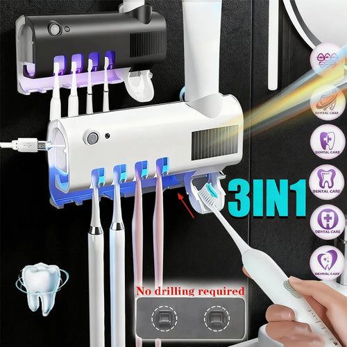 3-in-1 Electric Blue Light Disinfection Toothbrush Holder with Toothpaste Dispenser, Wall-Mounted No-Drill USB Charging