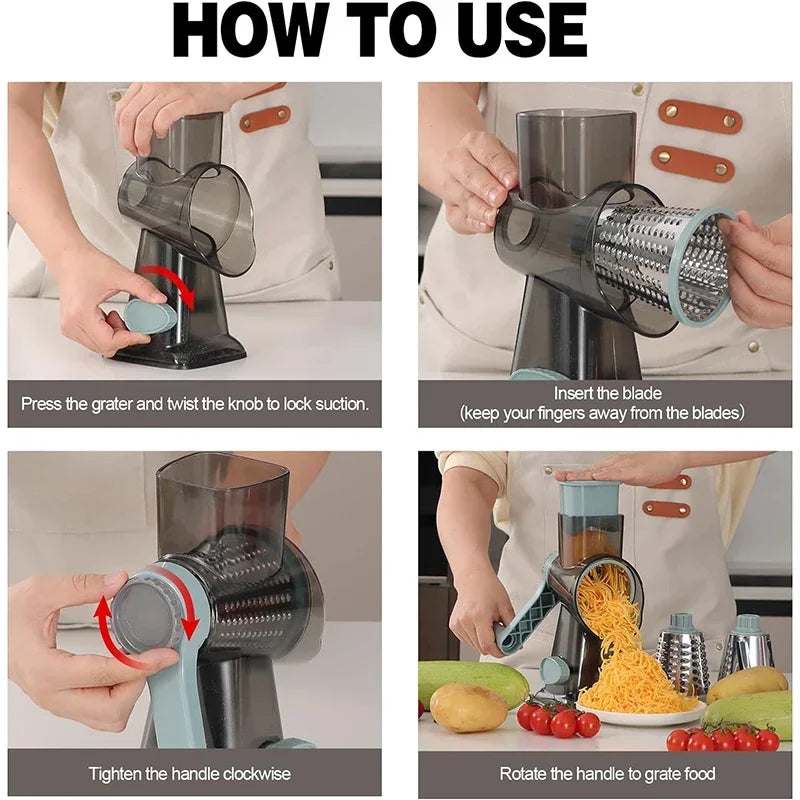 2026 3-in-1 Rotary Cheese Grater Multifunctional Manual Veg Slicer Nut Grinder Kitchen Essential Tool