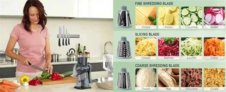 2026 3-in-1 Rotary Cheese Grater Multifunctional Manual Veg Slicer Nut Grinder Kitchen Essential Tool